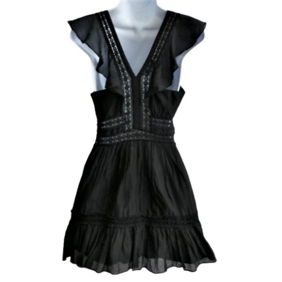 Bebe LBD Dress SiLK Cotton Lace Inset Tiered Ruffles Flutter Sleeves Zip Back 0 - Picture 2 of 9